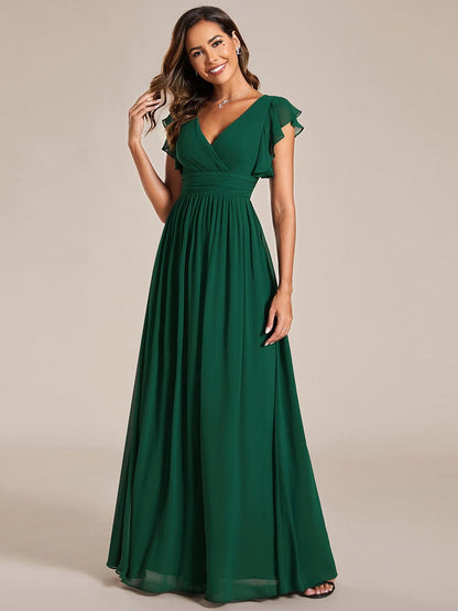 Back Cutout A-Line Pleated Ruffles Sleeve Chiffon Bridesmaid Dress #color_Dark Green