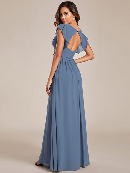 Back Cutout A-Line Pleated Ruffles Sleeve Chiffon Bridesmaid Dress #color_Dusty Navy