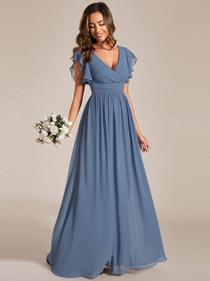 Back Cutout A-Line Pleated Ruffles Sleeve Chiffon Bridesmaid Dress #color_Dusty Navy