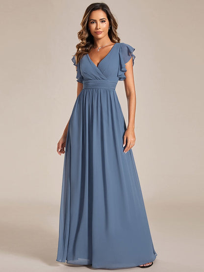 Back Cutout A-Line Pleated Ruffles Sleeve Chiffon Bridesmaid Dress #color_Dusty Navy