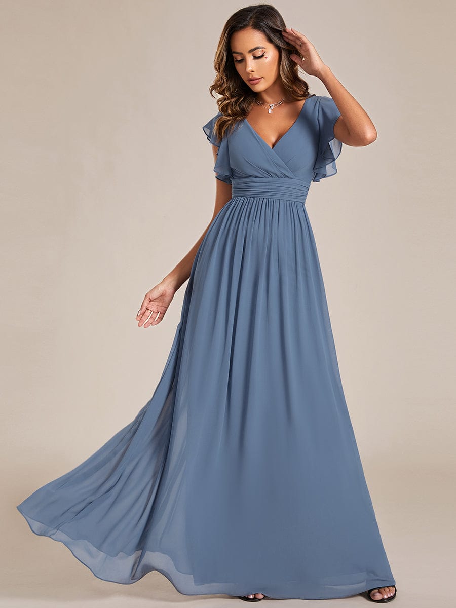 Back Cutout A-Line Pleated Ruffles Sleeve Chiffon Bridesmaid Dress #color_Dusty Navy