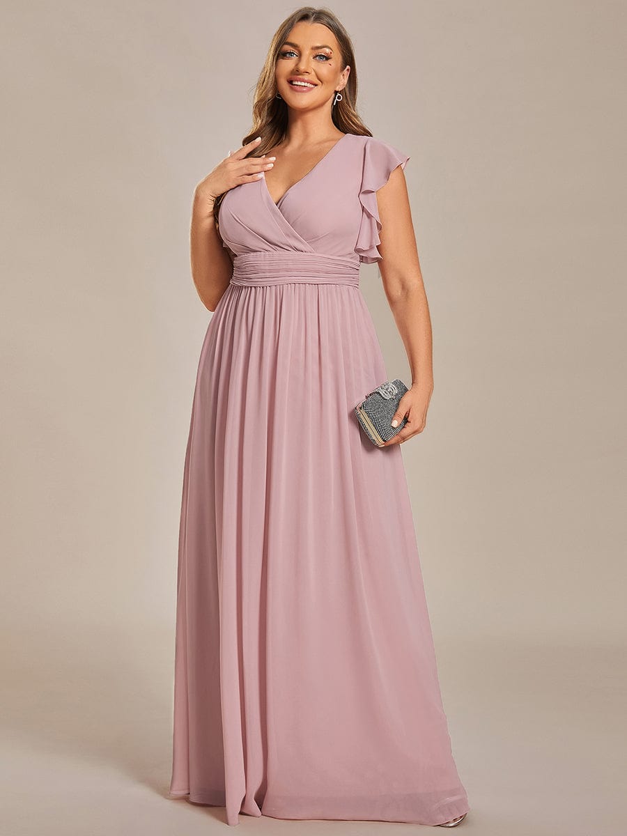 Back Cutout A-Line Pleated Ruffles Sleeve Chiffon Bridesmaid Dress #color_Dusty Rose