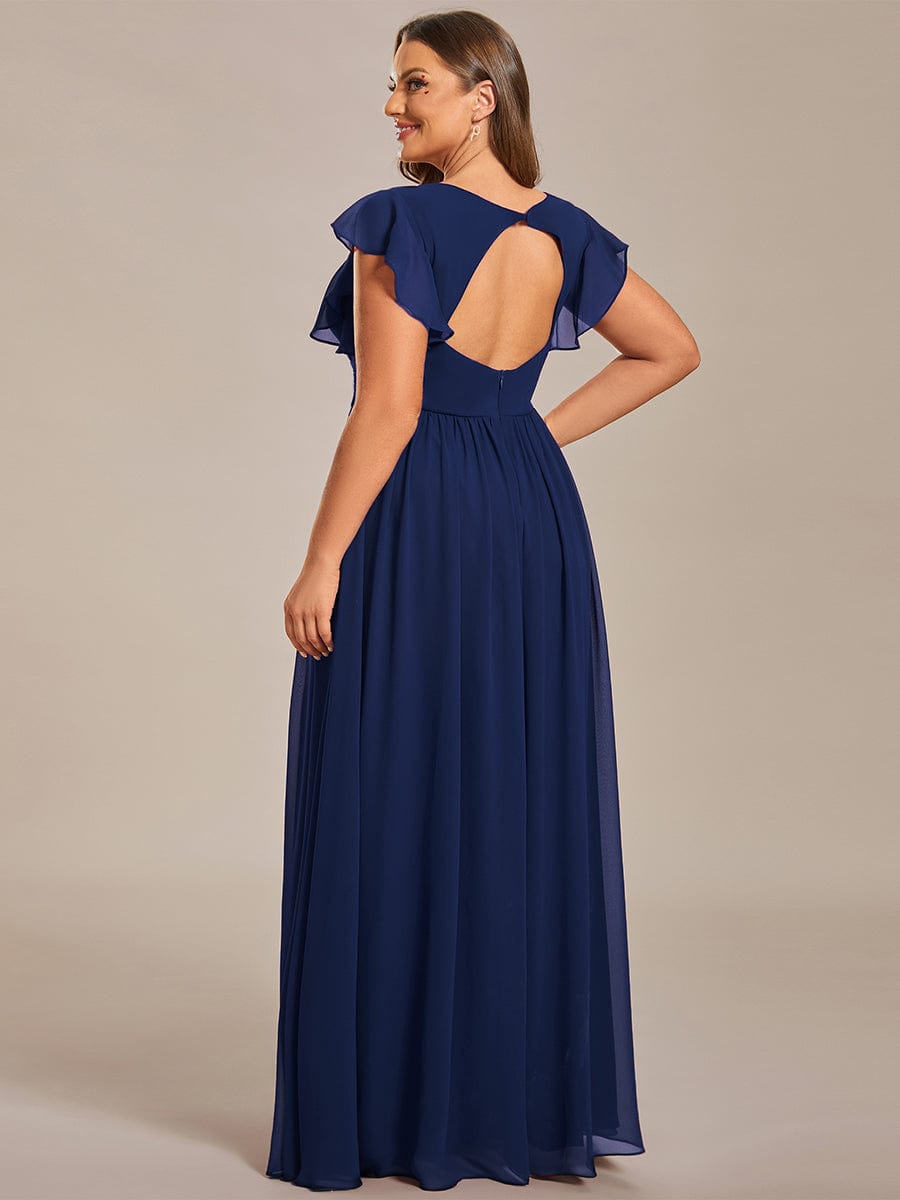 Back Cutout A-Line Pleated Ruffles Sleeve Chiffon Bridesmaid Dress #color_Navy Blue