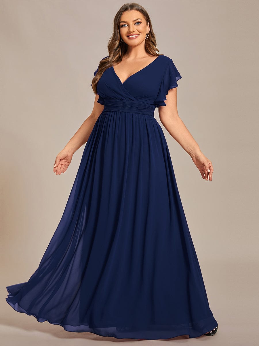 Back Cutout A-Line Pleated Ruffles Sleeve Chiffon Bridesmaid Dress #color_Navy Blue