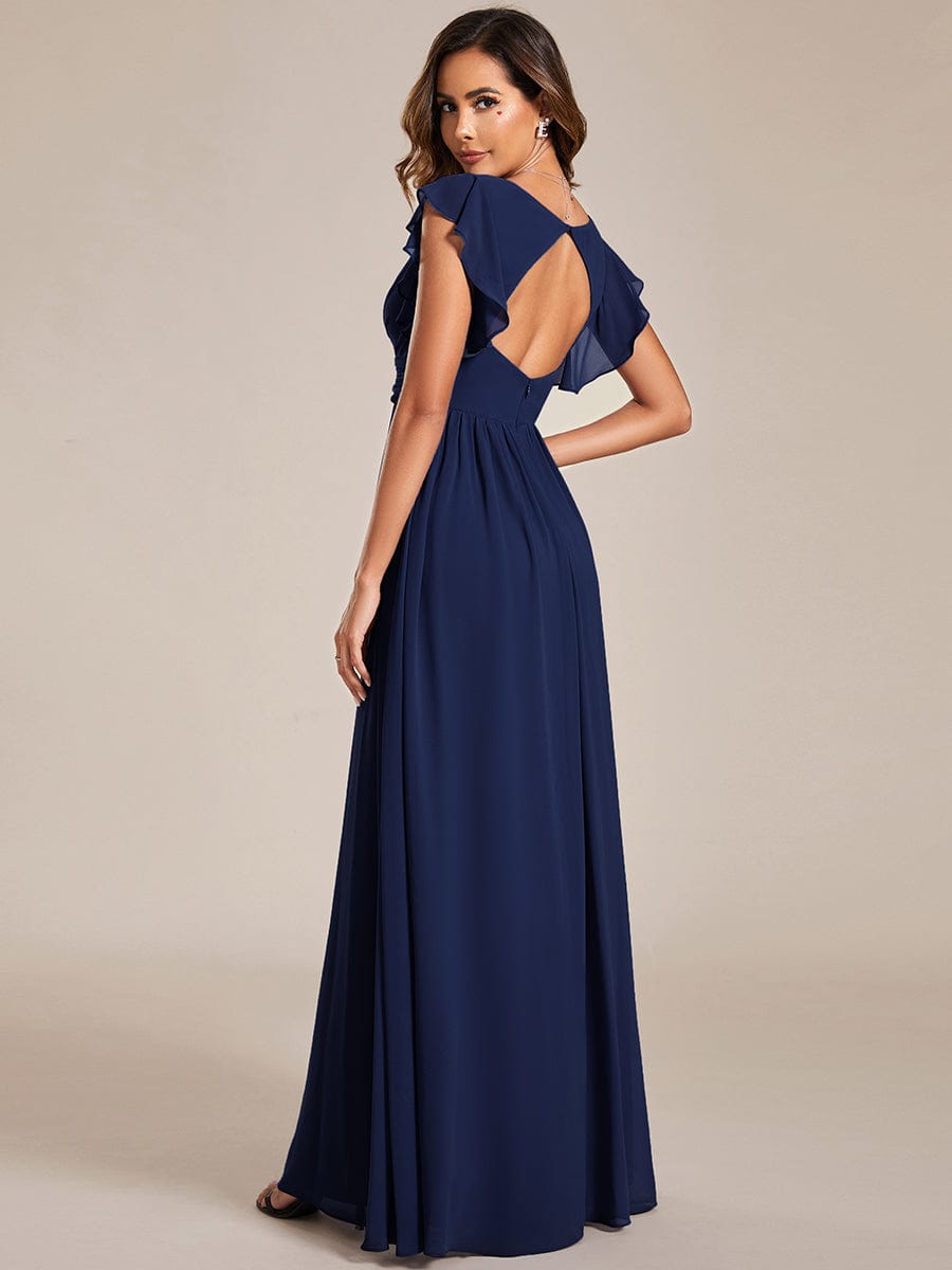 Back Cutout A-Line Pleated Ruffles Sleeve Chiffon Bridesmaid Dress #color_Navy Blue