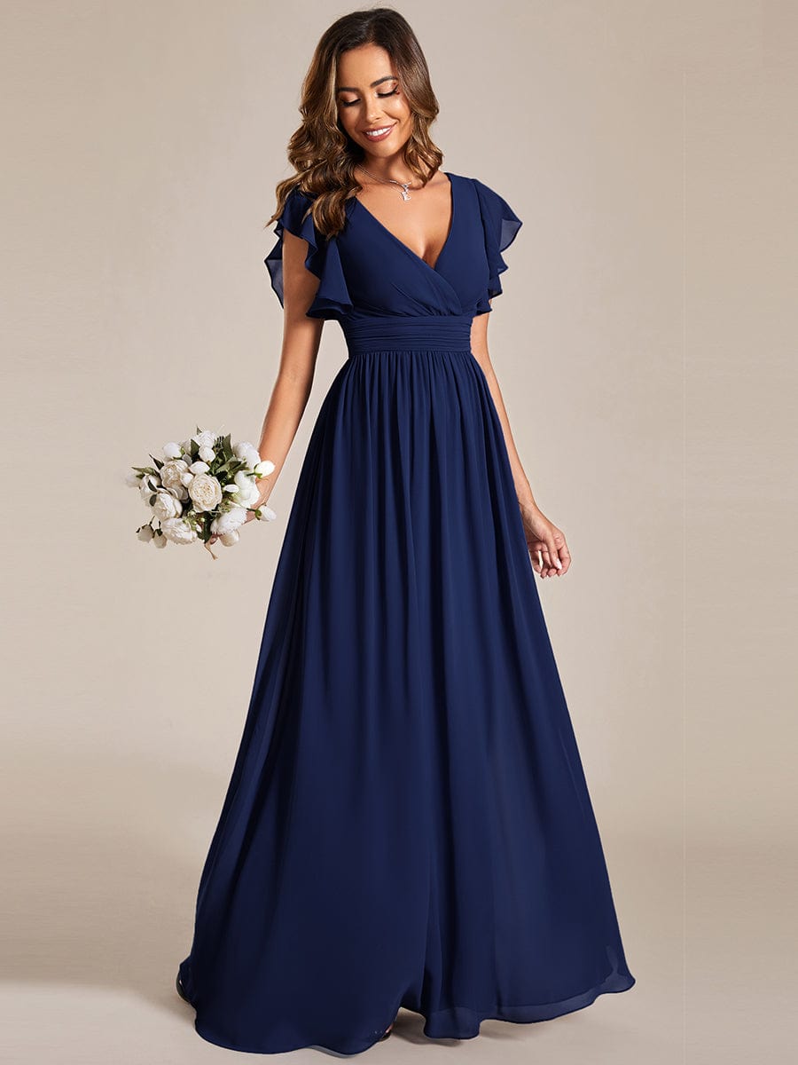 Back Cutout A-Line Pleated Ruffles Sleeve Chiffon Bridesmaid Dress #color_Navy Blue