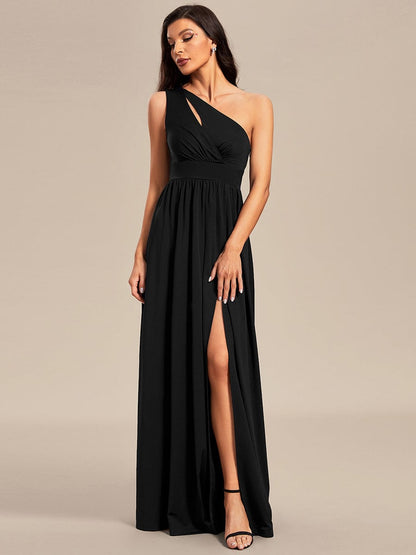 One Shoulder High Front Split Hollow Out Neckline Bridesmaid Dress #color_Black