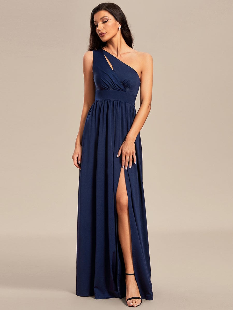 One Shoulder High Front Split Hollow Out Neckline Bridesmaid Dress #color_Navy Blue