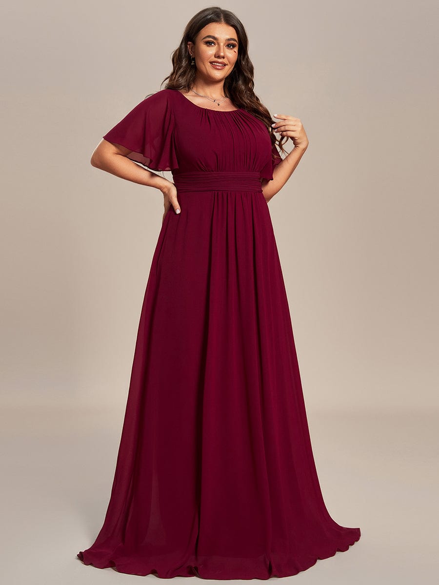 Plus Size Simple Chiffon Pleated A-Line Round Neckline Bridesmaid Dress #color_Burgundy