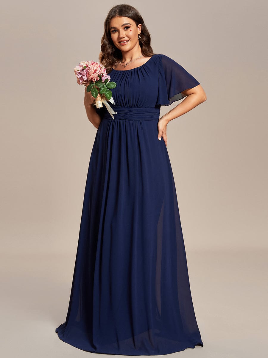 Plus Size Simple Chiffon Pleated A-Line Round Neckline Bridesmaid Dress #color_Navy Blue