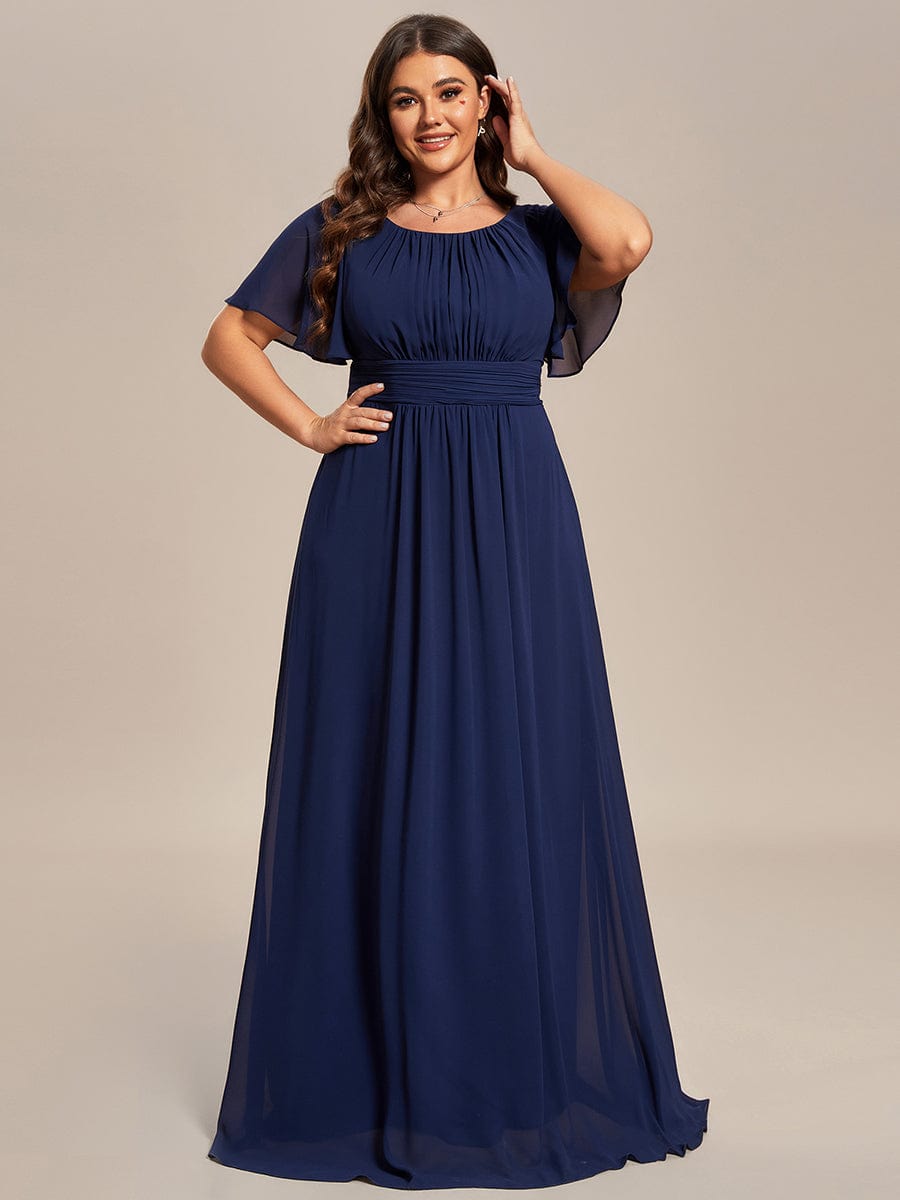 Plus Size Simple Chiffon Pleated A-Line Round Neckline Bridesmaid Dress #color_Navy Blue