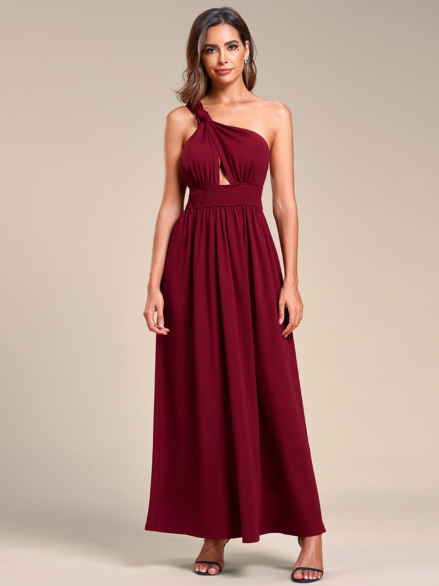 Convertible Halter A-Line Elastic Waist Tea Length Backless Bridesmaid Dress #color_Burgundy