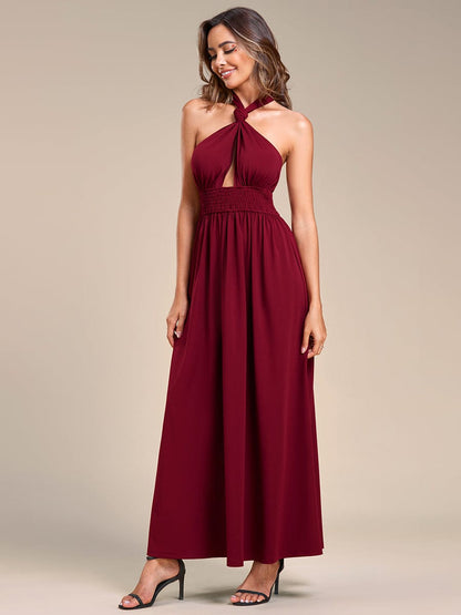 Convertible Halter A-Line Elastic Waist Tea Length Backless Bridesmaid Dress #color_Burgundy