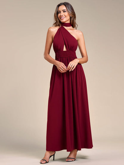 Convertible Halter A-Line Elastic Waist Tea Length Backless Bridesmaid Dress #color_Burgundy