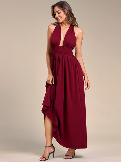 Convertible Halter A-Line Elastic Waist Tea Length Backless Bridesmaid Dress #color_Burgundy