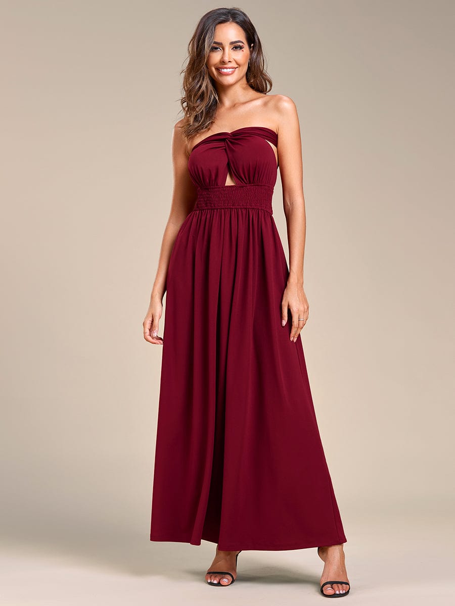 Convertible Halter A-Line Elastic Waist Tea Length Backless Bridesmaid Dress #color_Burgundy