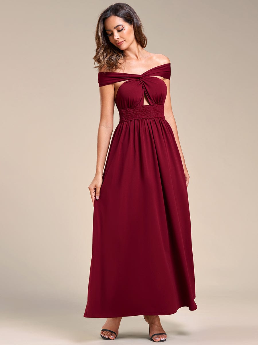 Convertible Halter A-Line Elastic Waist Tea Length Backless Bridesmaid Dress #color_Burgundy