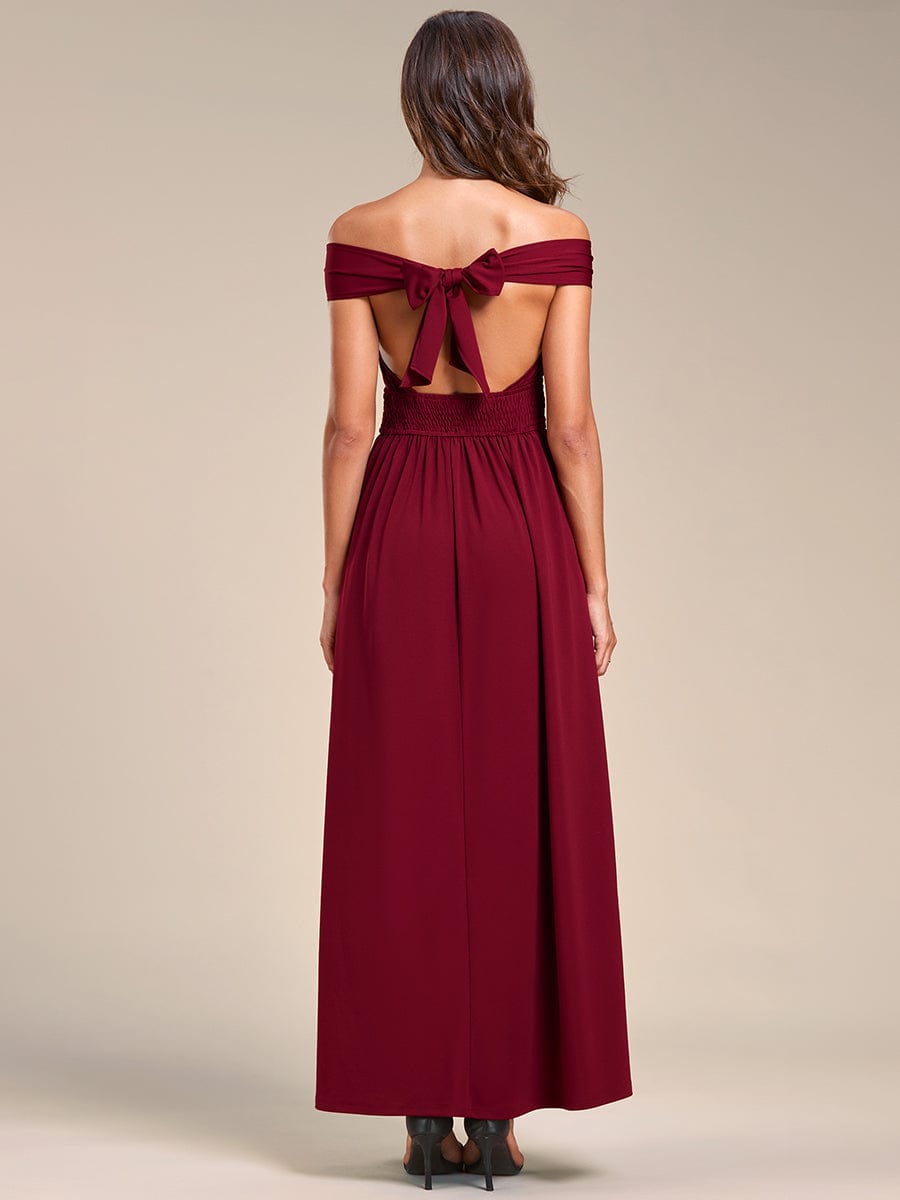 Convertible Halter A-Line Elastic Waist Tea Length Backless Bridesmaid Dress #color_Burgundy