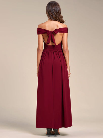 Convertible Halter A-Line Elastic Waist Tea Length Backless Bridesmaid Dress #color_Burgundy