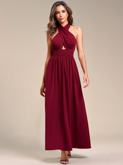 Convertible Halter A-Line Elastic Waist Tea Length Backless Bridesmaid Dress #color_Burgundy