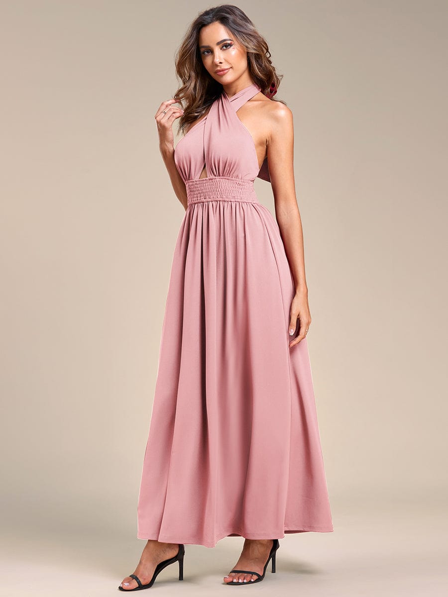 Convertible Halter A-Line Elastic Waist Tea Length Backless Bridesmaid Dress #color_Dusty Rose