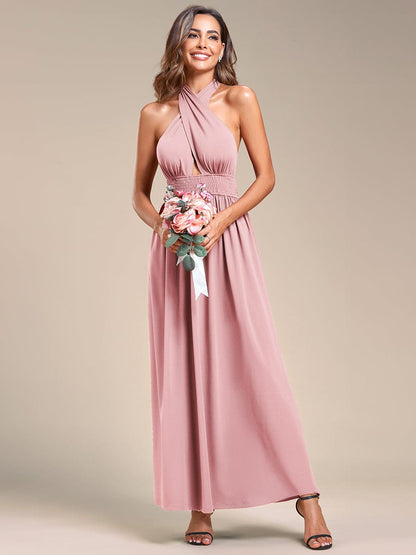 Convertible Halter A-Line Elastic Waist Tea Length Backless Bridesmaid Dress #color_Dusty Rose