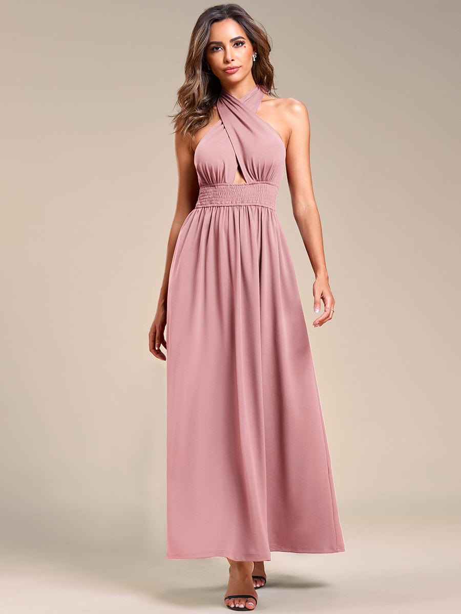 Convertible Halter A-Line Elastic Waist Tea Length Backless Bridesmaid Dress #color_Dusty Rose