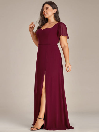 Plus Size Sweetheart A-Line High Slit Maxi Chiffon Bridesmaid Dress #color_Burgundy