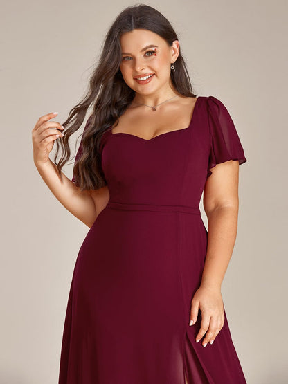 Plus Size Sweetheart A-Line High Slit Maxi Chiffon Bridesmaid Dress #color_Burgundy