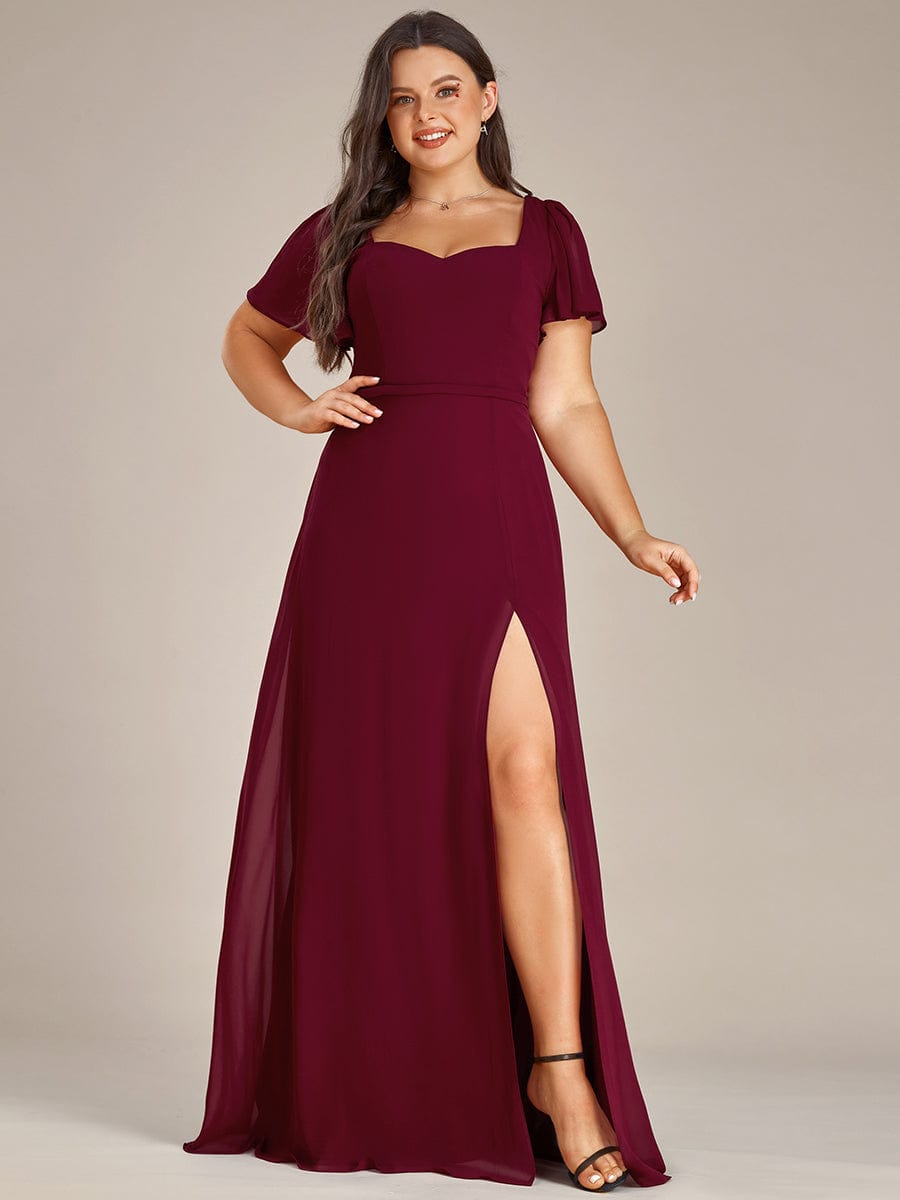 Plus Size Sweetheart A-Line High Slit Maxi Chiffon Bridesmaid Dress #color_Burgundy