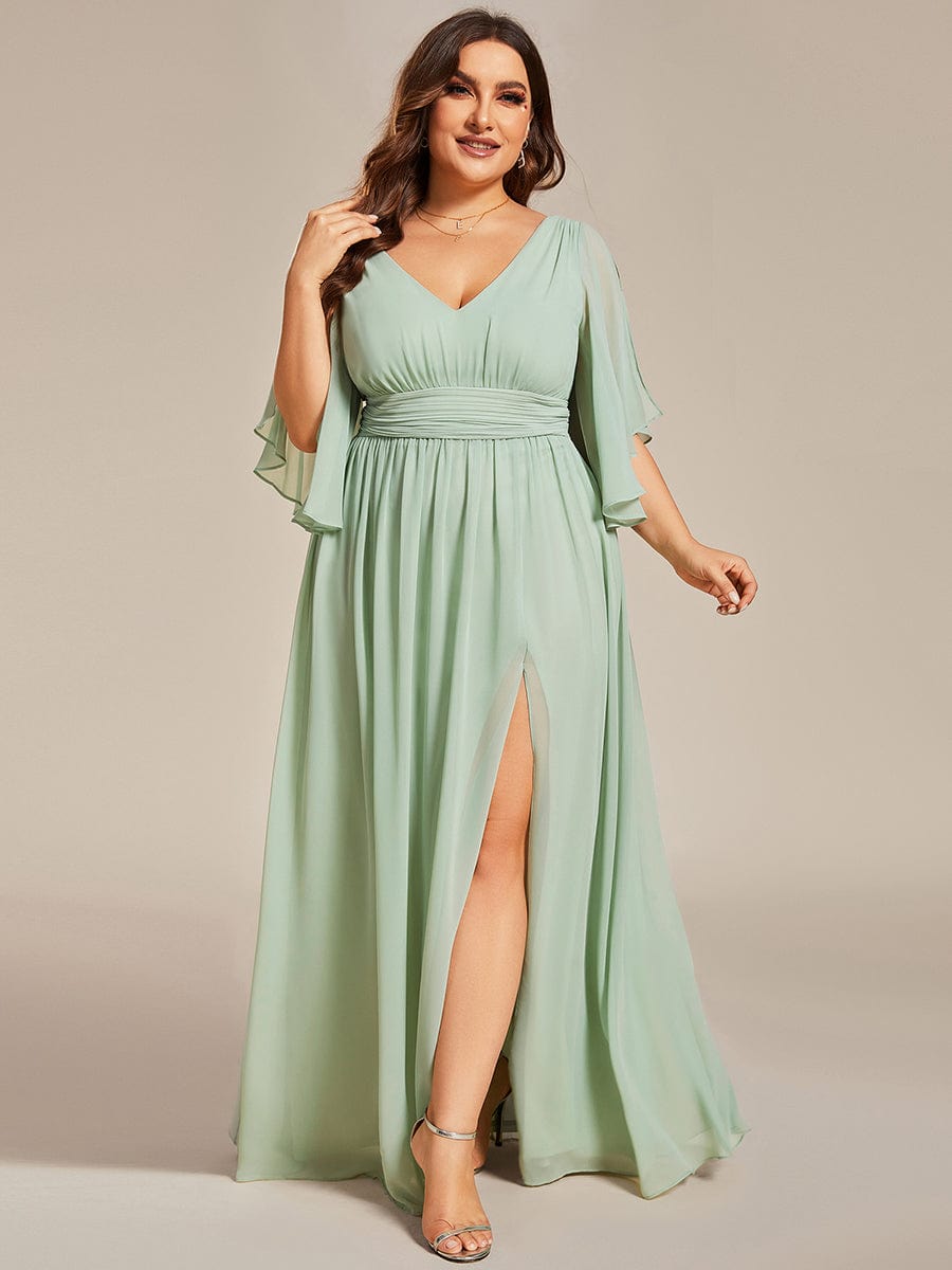 Half Sleeve V-Neck Pleated High Slit A-Line Chiffon Bridesmaid Dress #color_Mint Green