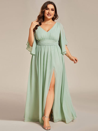 Half Sleeve V-Neck Pleated High Slit A-Line Chiffon Bridesmaid Dress #color_Mint Green