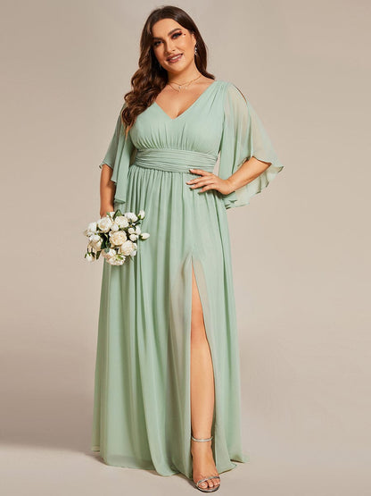 Plus Size Half Sleeve Pleated A-Line V-Neck Chiffon Bridesmaid Dress #color_Mint Green