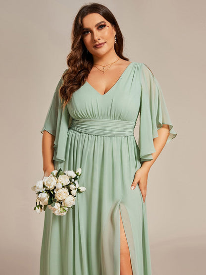 Half Sleeve V-Neck Pleated High Slit A-Line Chiffon Bridesmaid Dress #color_Mint Green