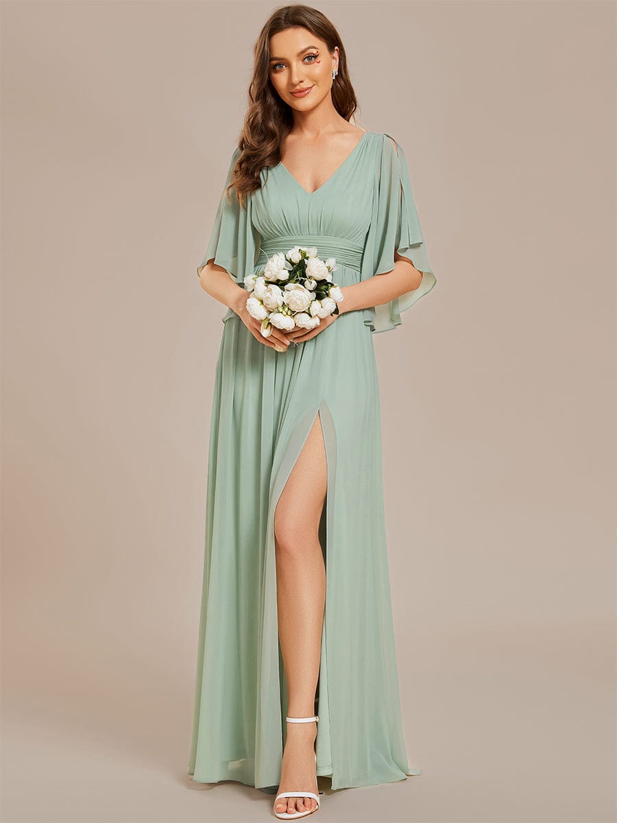 Half Sleeve V-Neck Pleated High Slit A-Line Chiffon Bridesmaid Dress #color_Mint Green