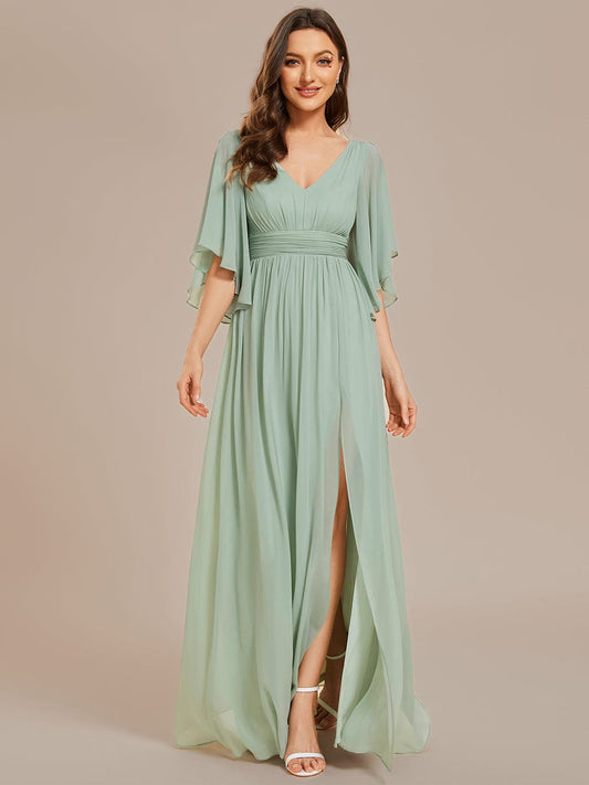 Half Sleeve V-Neck Pleated High Slit A-Line Chiffon Bridesmaid Dress #color_Mint Green