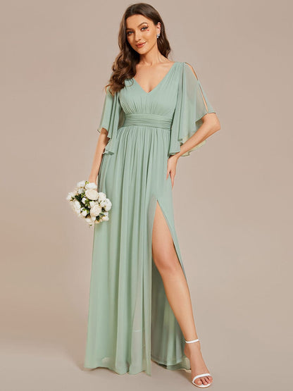 Half Sleeve V-Neck Pleated High Slit A-Line Chiffon Bridesmaid Dress #color_Mint Green