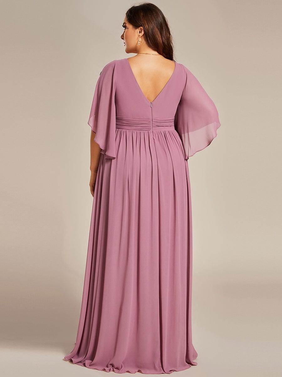 Half Sleeve V-Neck Pleated High Slit A-Line Chiffon Bridesmaid Dress #color_Purple Orchid