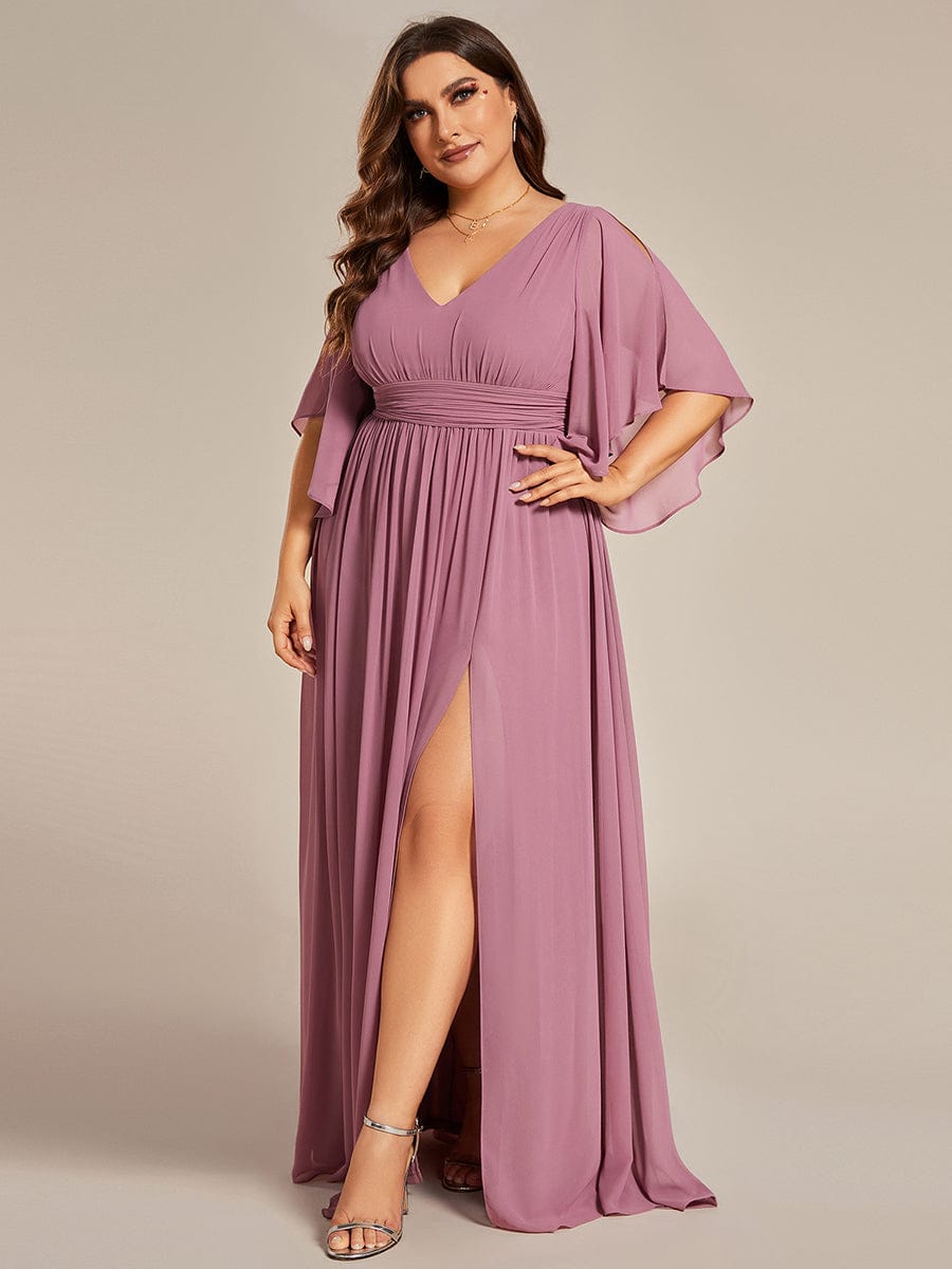 Plus Size Half Sleeve Pleated A-Line V-Neck Chiffon Bridesmaid Dress #color_Purple Orchid