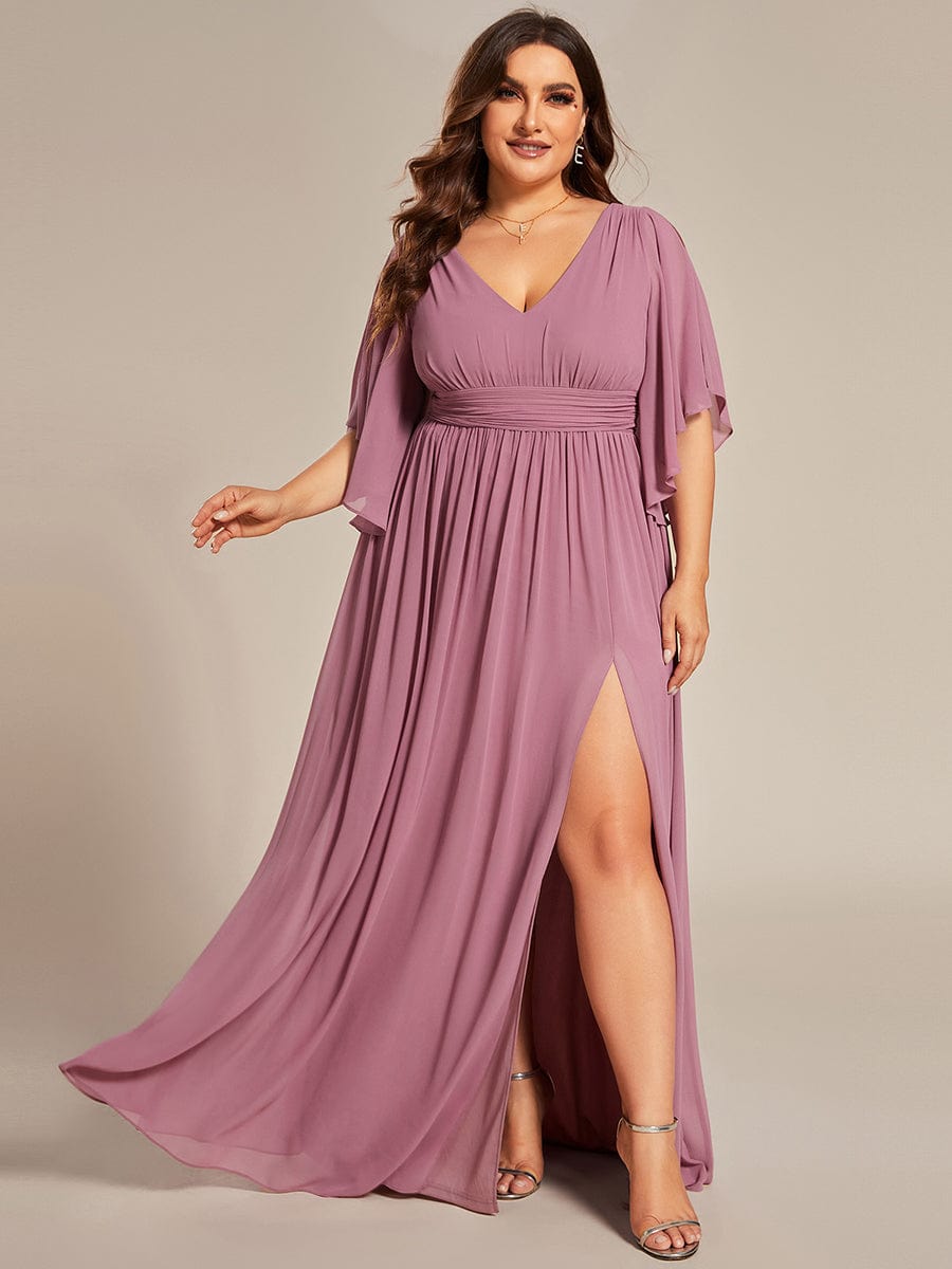 Plus Size Half Sleeve Pleated A-Line V-Neck Chiffon Bridesmaid Dress