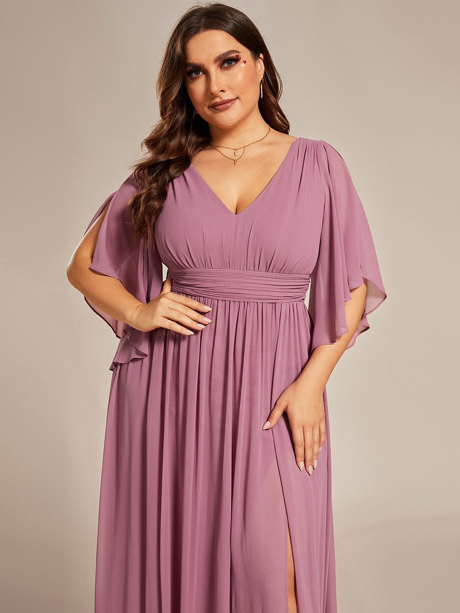 Plus Size Half Sleeve Pleated A-Line V-Neck Chiffon Bridesmaid Dress #color_Purple Orchid