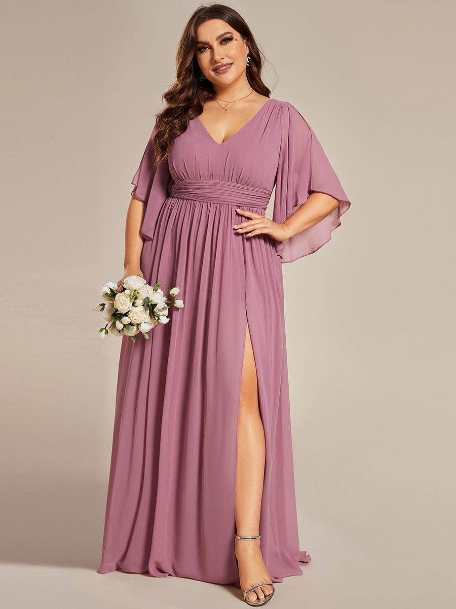 Plus Size Half Sleeve Pleated A-Line V-Neck Chiffon Bridesmaid Dress #color_Purple Orchid