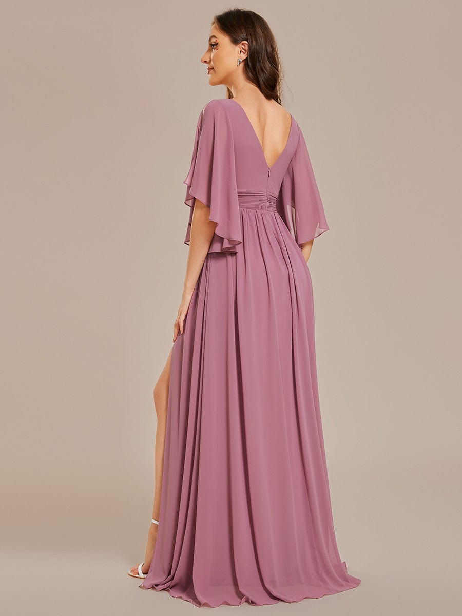 Half Sleeve V-Neck Pleated High Slit A-Line Chiffon Bridesmaid Dress #color_Purple Orchid