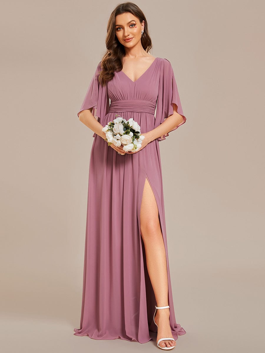 Half Sleeve V-Neck Pleated High Slit A-Line Chiffon Bridesmaid Dress #color_Purple Orchid