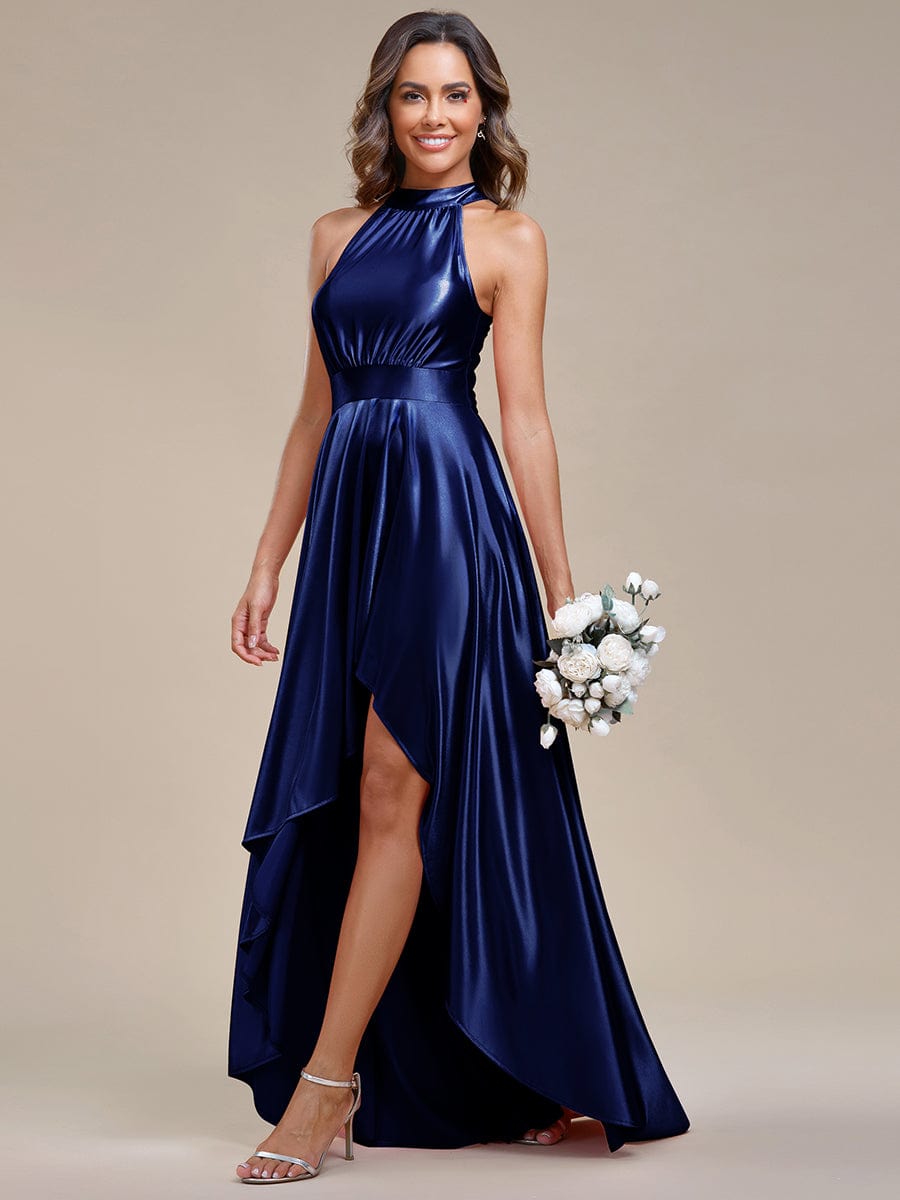 Belly Collar High-Low A-Line Satin Halter Bridesmaid Dress #color_Navy Blue