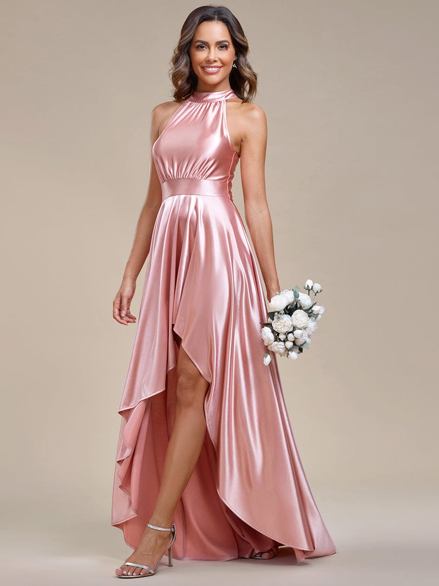 Belly Collar High-Low A-Line Satin Halter Bridesmaid Dress #color_Pink