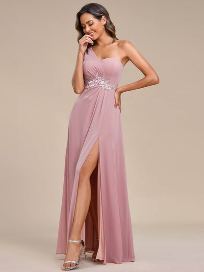 Waist Applique One-Shoulder A-Line Bridesmaid Dress with High Slit #color_Dusty Rose