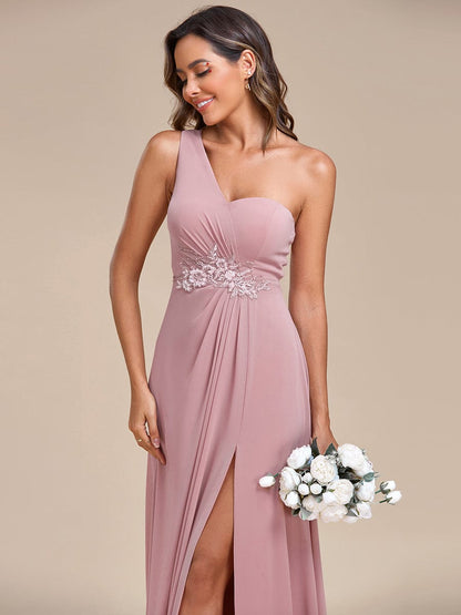 Waist Applique One-Shoulder A-Line Bridesmaid Dress with High Slit #color_Dusty Rose