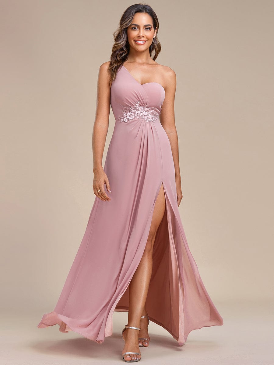 Waist Applique One-Shoulder A-Line Bridesmaid Dress with High Slit