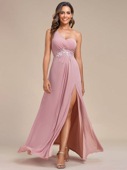 Waist Applique One-Shoulder A-Line Bridesmaid Dress with High Slit #color_Dusty Rose